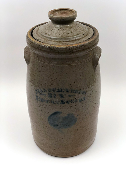 Antique Indiana Stoneware Blue Decorated Churn Upton Stucky 19th Century Salt Glazed Pottery Antique Indiana Stoneware Blue Decorated Churn Upton Stucky 19th Century Salt Glazed Pottery