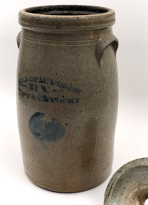 Antique Indiana Stoneware Blue Decorated Churn Upton Stucky 19th Century Salt Glazed Pottery Antique Indiana Stoneware Blue Decorated Churn Upton Stucky 19th Century Salt Glazed Pottery