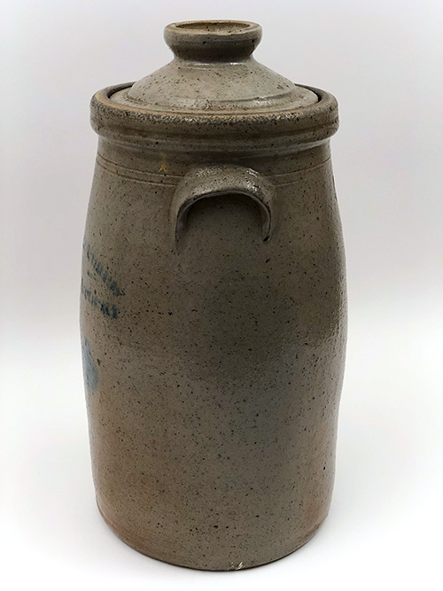 Antique Indiana Stoneware Blue Decorated Churn Upton Stucky 19th Century Salt Glazed Pottery Antique Indiana Stoneware Blue Decorated Churn Upton Stucky 19th Century Salt Glazed Pottery