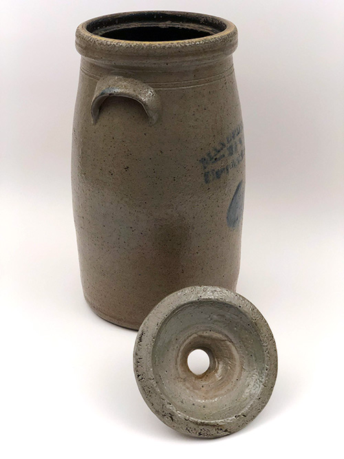 Antique Indiana Stoneware Blue Decorated Churn Upton Stucky 19th Century Salt Glazed Pottery Antique Indiana Stoneware Blue Decorated Churn Upton Stucky 19th Century Salt Glazed Pottery