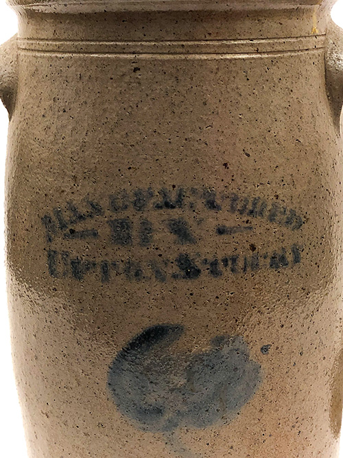 Antique Indiana Stoneware Blue Decorated Churn Upton Stucky 19th Century Salt Glazed Pottery Antique Indiana Stoneware Blue Decorated Churn Upton Stucky 19th Century Salt Glazed Pottery