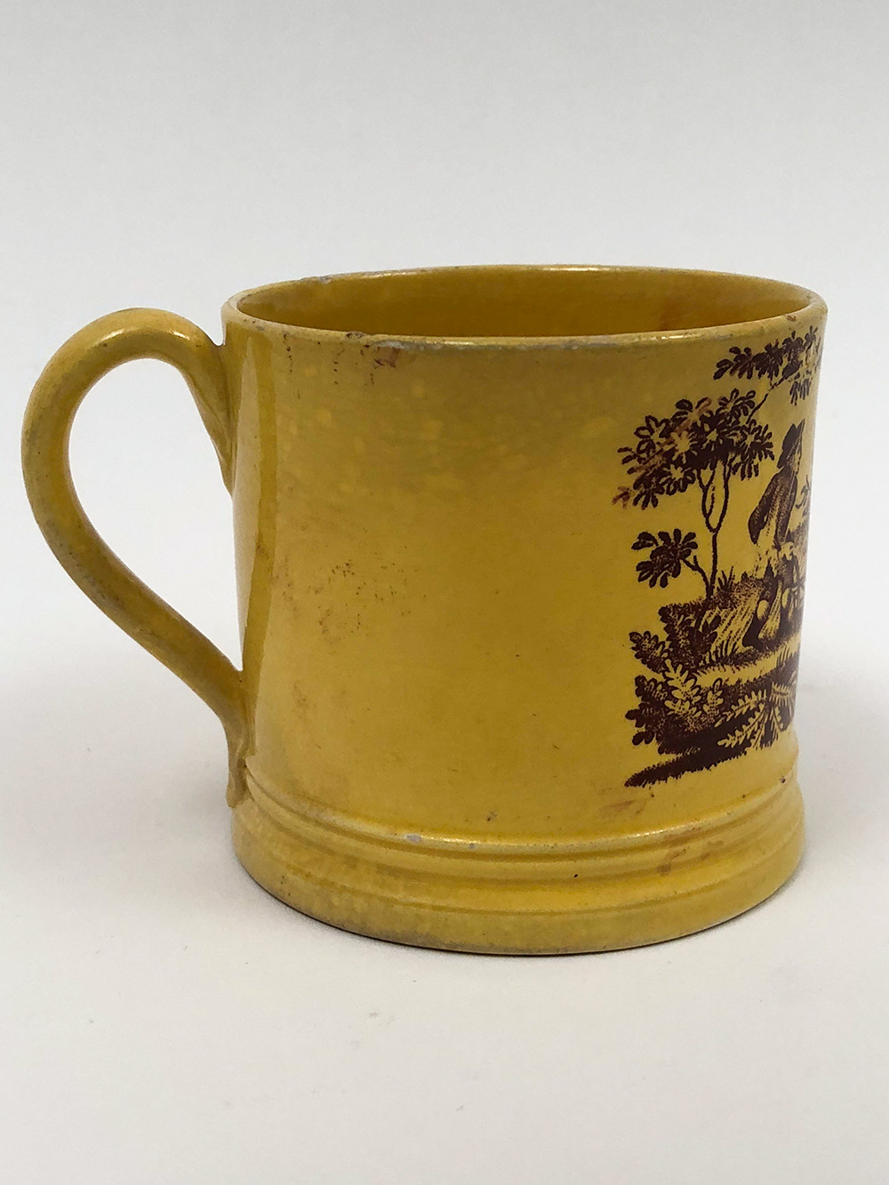 Antique Canaryware 1820s Yellow Childs Cup with Farming Scene For Sale from Z and K Antiques