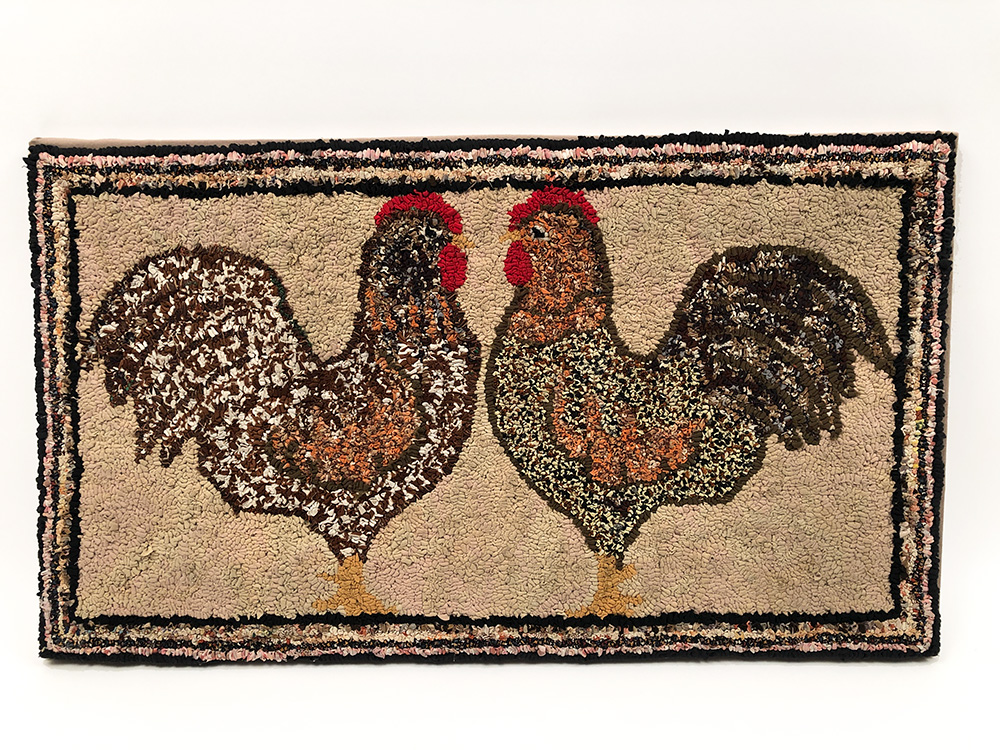 Antique American Folk Art Hooked Rug of Dueling Barnyard Roosters