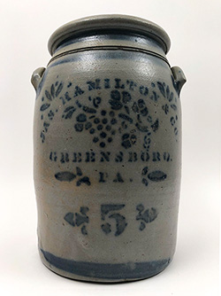 Five Gallon Southwestern Pennsylvania Salt Glazed Cobalt Decorated James Hamilton Crock For Sale From Z and K Antiques Five Gallon Southwestern Pennsylvania Salt Glazed Cobalt Decorated James Hamilton Crock For Sale From Z and K Antiques