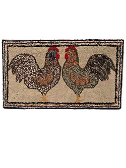 Antique American Folk Art Hooked Rug of Dueling Barnyard Roosters