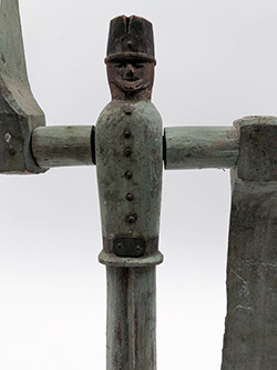 Original Museum Quality Sage Green Paint Decorated Antique Hand Carved Folk Art New England Soldier Whirligig For Sale