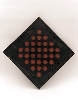1930s 1940s Wooden Gameboard Painted Red Black Checkers Relief Carved Bold Graphic For Sale 1930s 1940s Wooden Gameboard Painted Red Black Checkers Relief Carved Bold Graphic For Sale