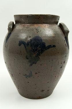 1830s Ovoid Ohio Antique Blue Decorated Stoneware Storage Jar with Freehand Decoration