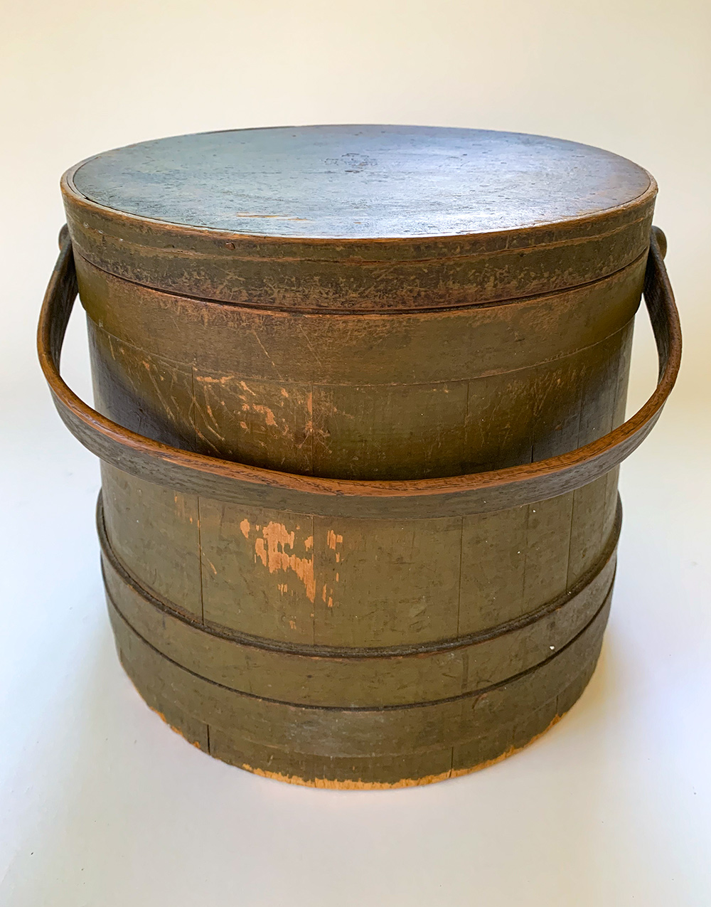 antique sugar bucket in original sage green paint decoration