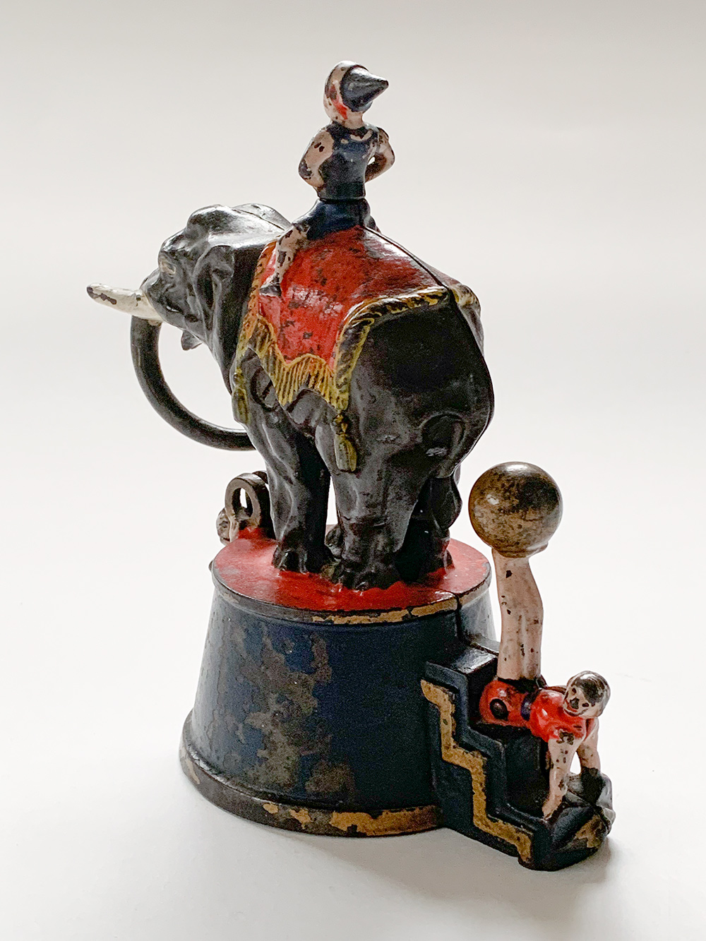 original cast iron elephant and three clowns mechanical bank