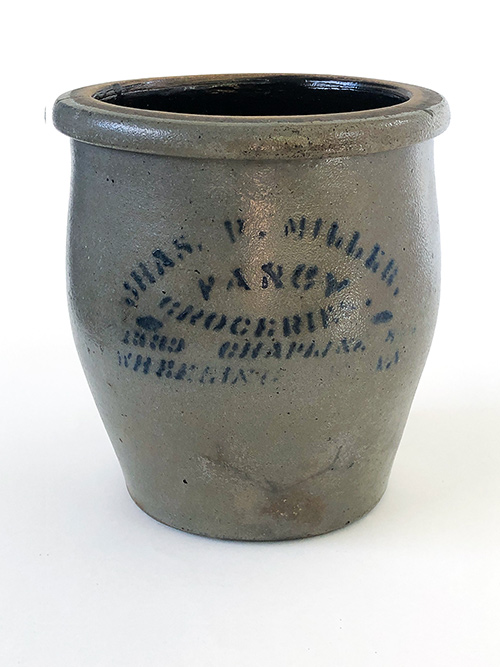 Wheeling West Virginia blue decorated stoneware merchant jar 