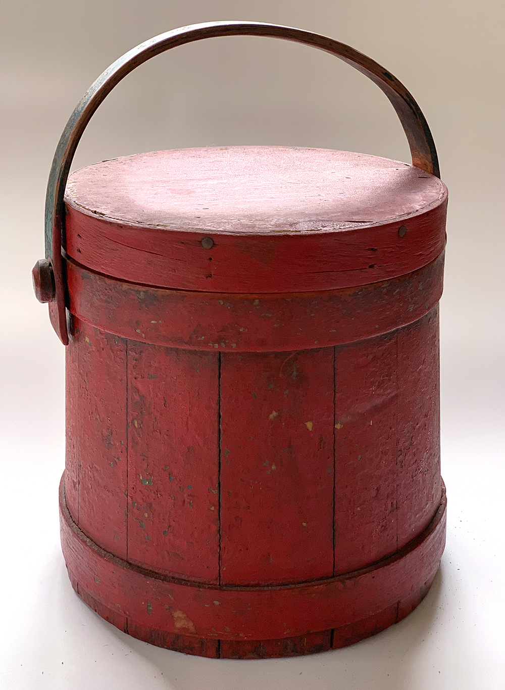 Paint Decorated 19th Century Firkin in Old Red over Original Green reverse side