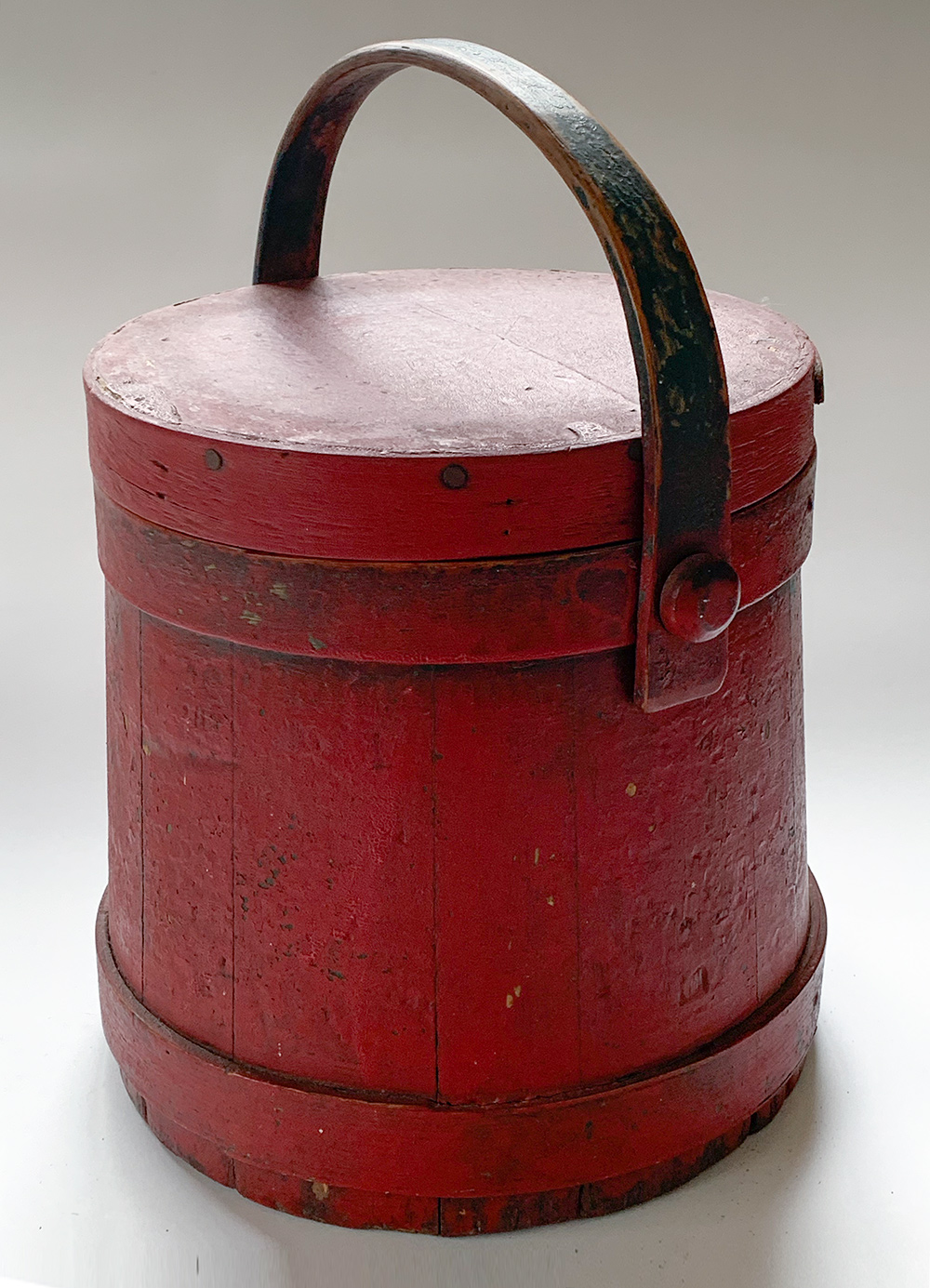 Paint Decorated 19th Century Firkin in Old Red over Original Green For Sale
