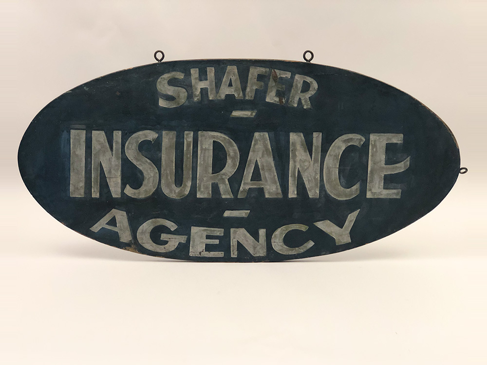 Shafer Insurance Agency 1920s painted double sided trade sign for sale