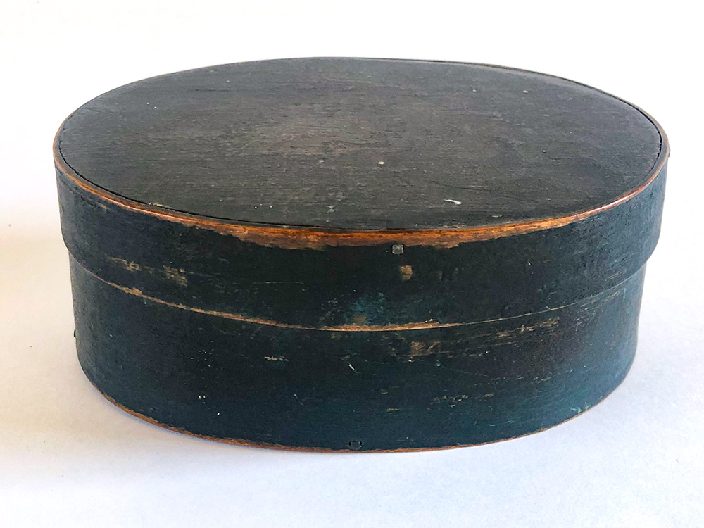 original blue painted oval pantry box with finger joints