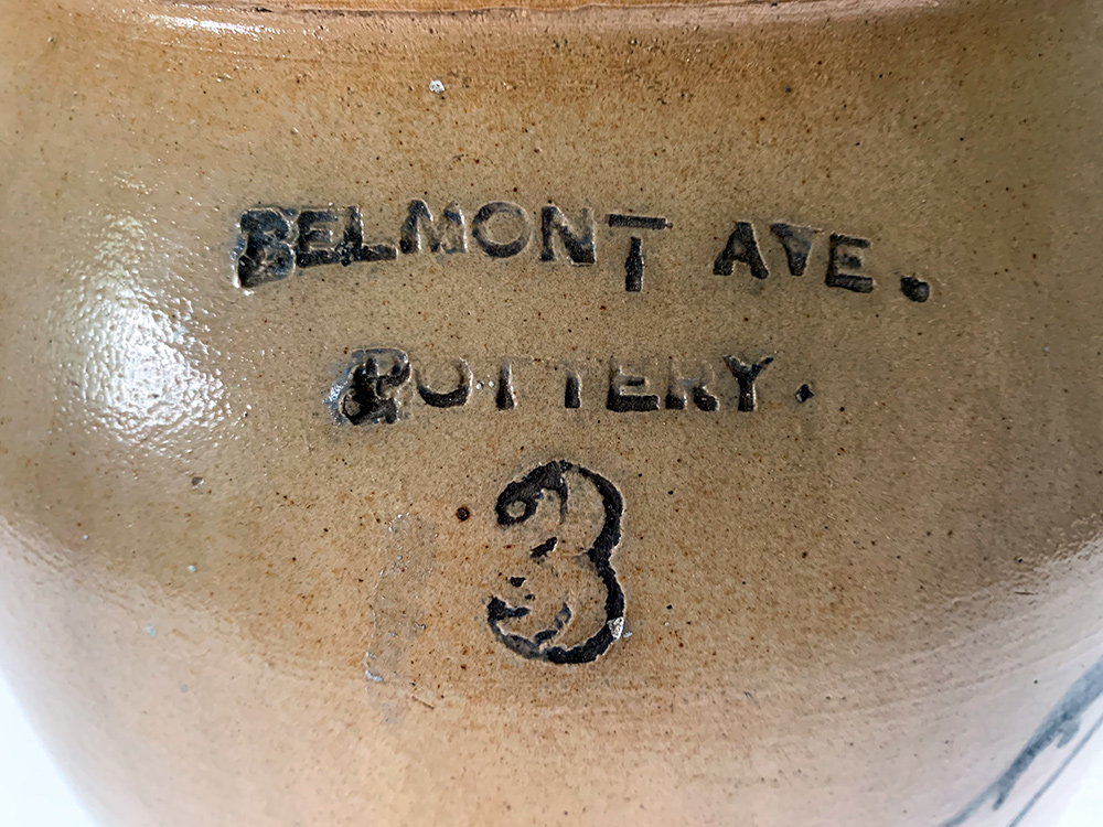 newark new jersey belmont avenue pottery salt glazed crock with bird on branch decoration