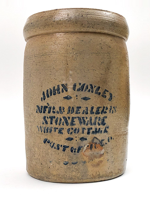 John Conley White Cottage Post Office Ohio Two Gallon Blue Decorated Storage Jar