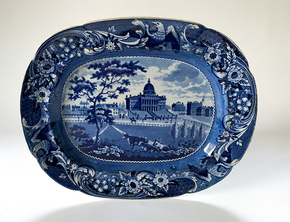 state house boston eagle border joseph stubbs  dark blue historical staffordshire platter