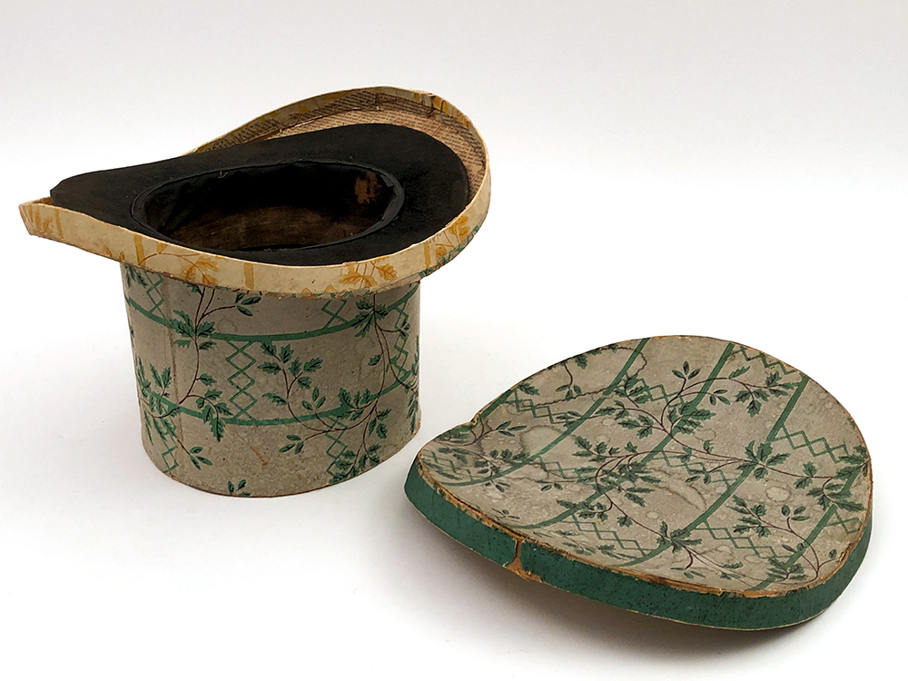 Early American 19th Century Wallpaper Hat Box with Antique Stovepipe Hat For Sale