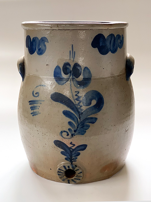 6 gallon blue decorated stoneware water cooler