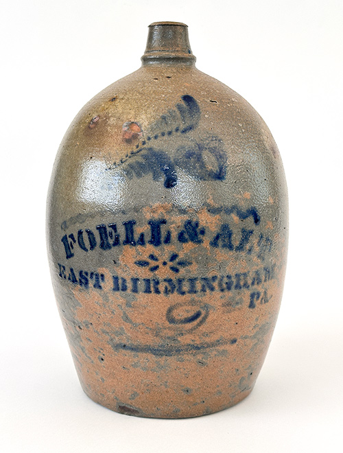 Rare and hard to find Foell and Alt blue decorated stoneware jug from east birmingham PA