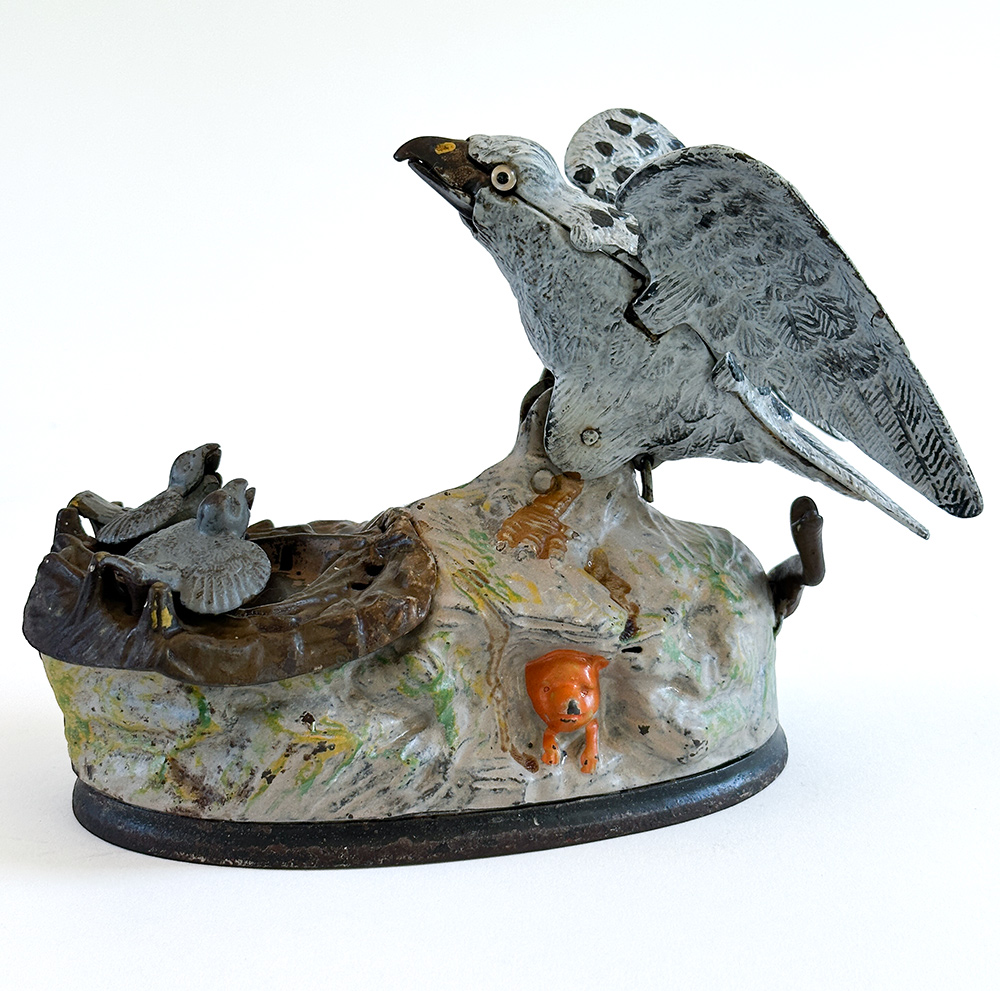 stevens eagle and eaglets cast iron mechanical bank