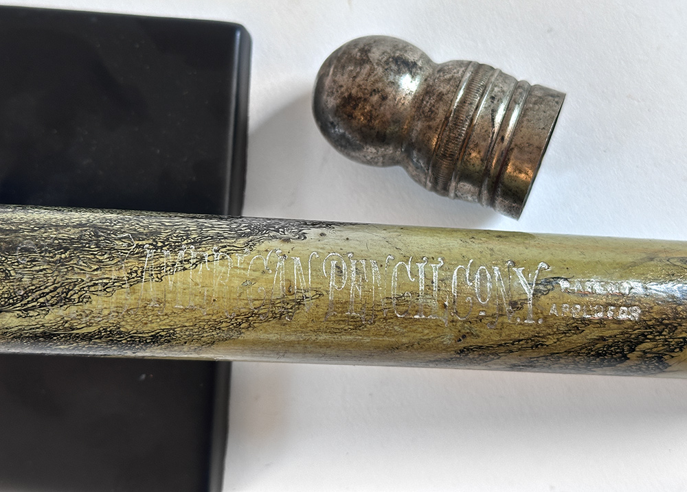 1915 NYC american pencil company oversized wooden green black vinegar marblized paint decorated pencil case