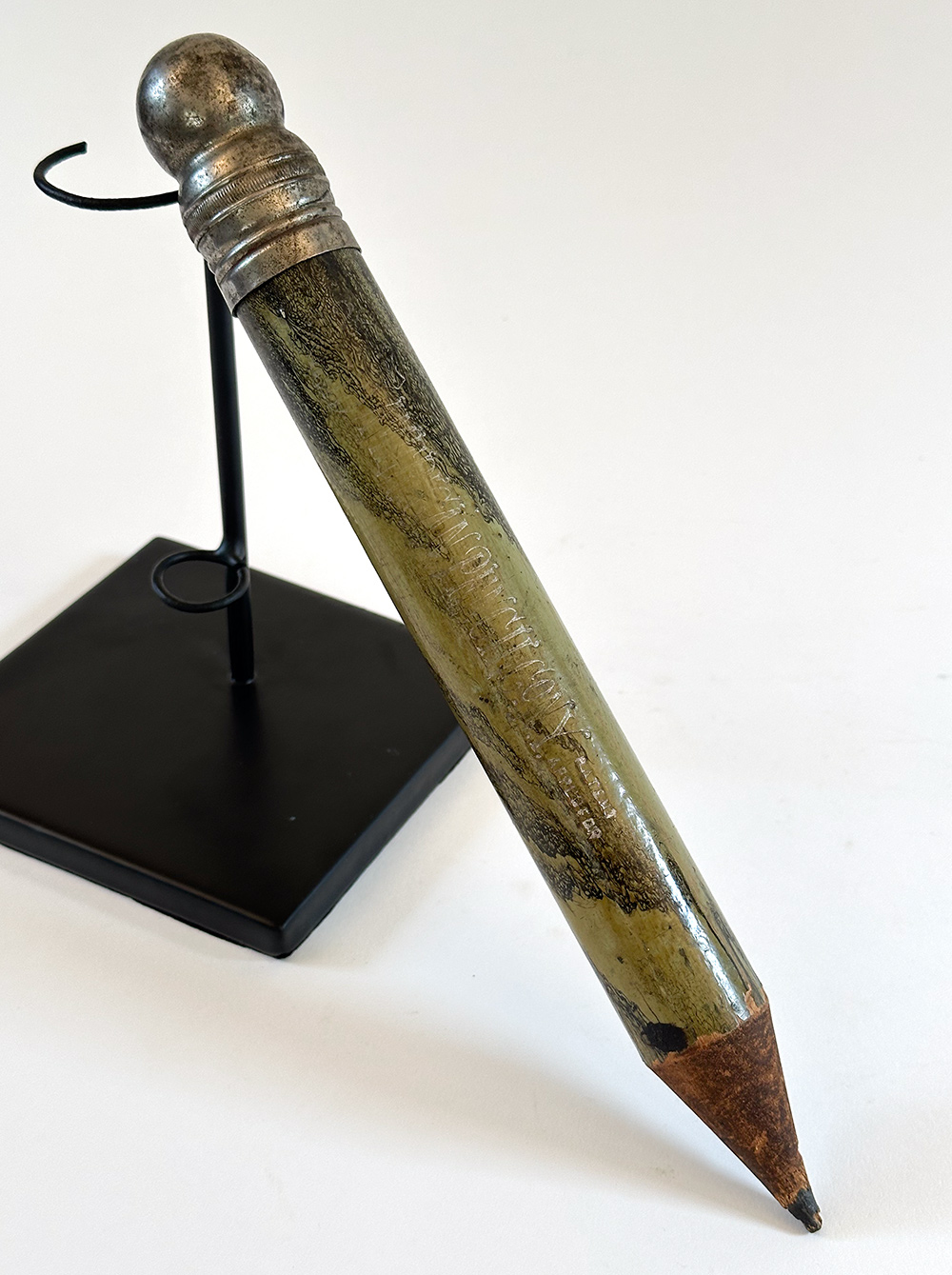 1915 NYC american pencil company oversized wooden green black vinegar marblized paint decorated pencil case