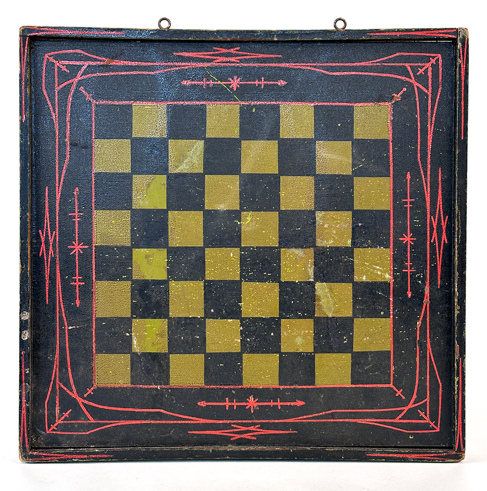  paint decorated wooden double sided antique checkers board 