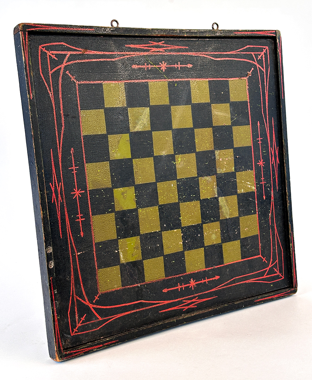  paint decorated wooden double sided antique checkers board 