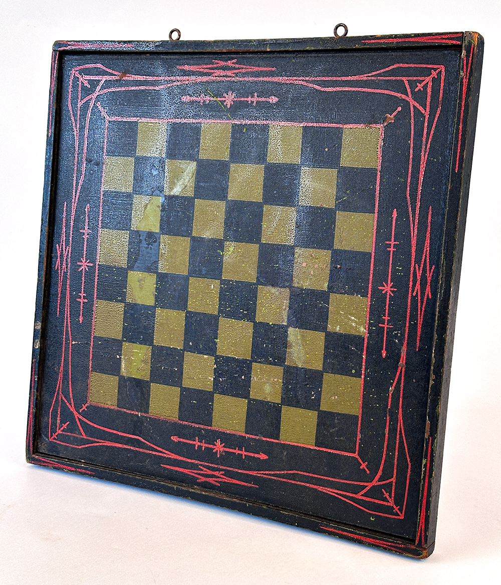  paint decorated wooden double sided antique checkers board 