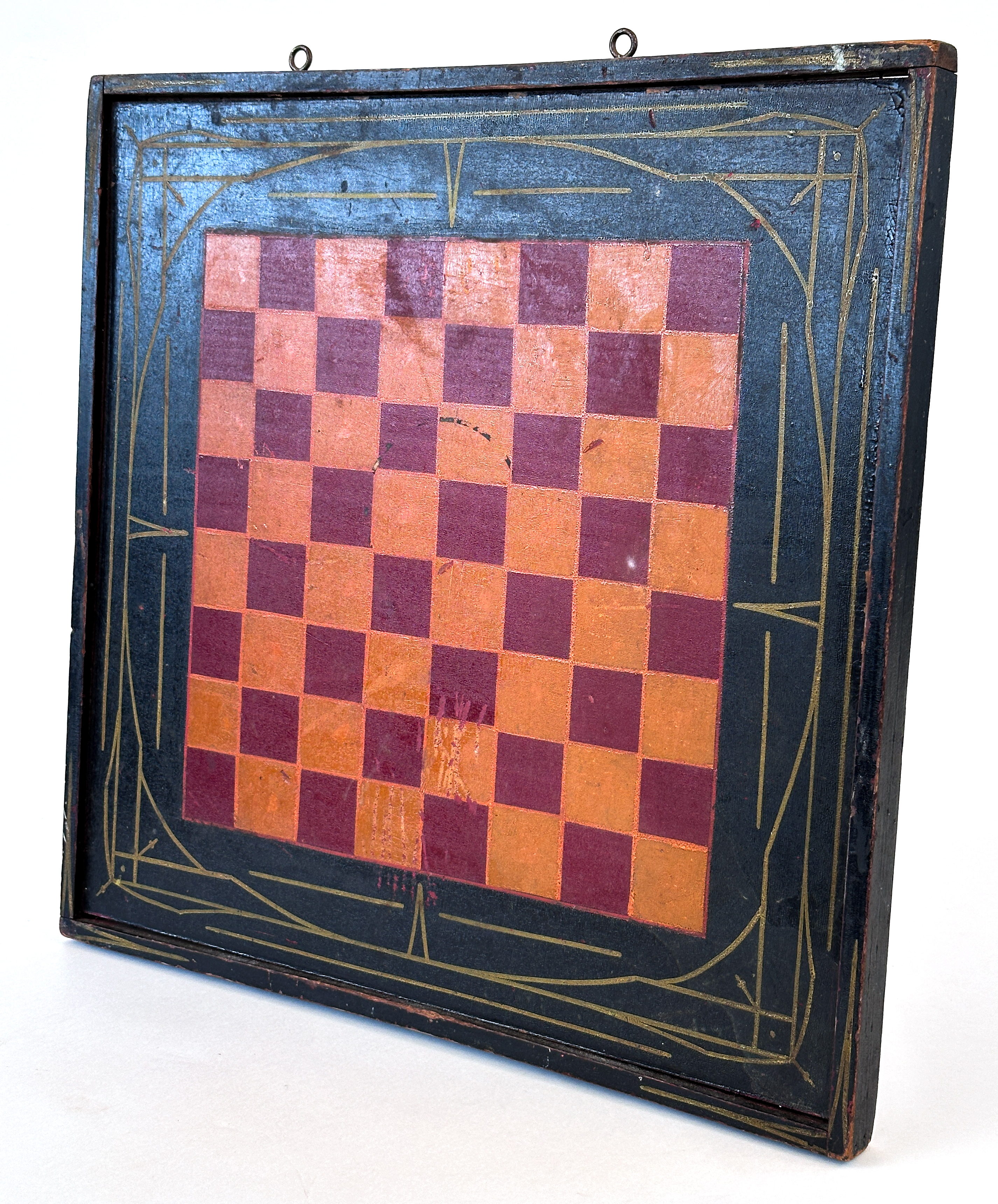  paint decorated wooden double sided antique checkers board 