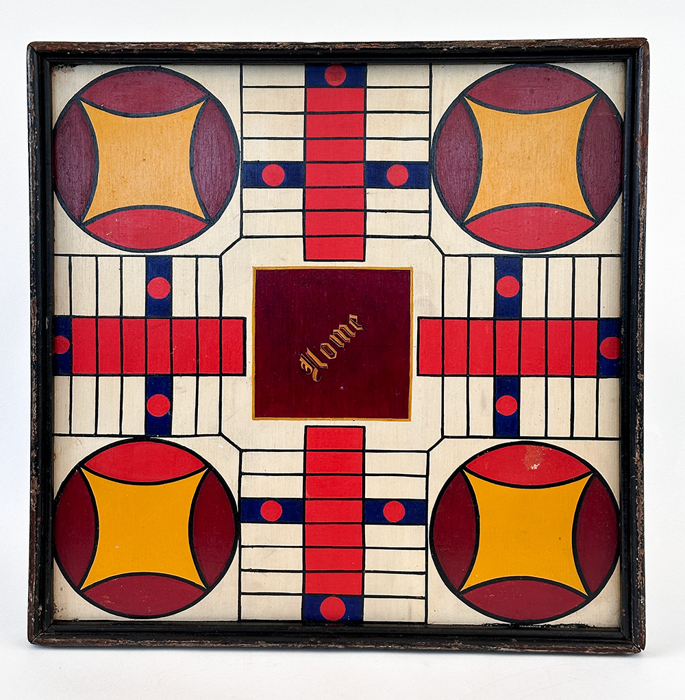 original 6 color paint decorated antique wooden patriotic parcheesi gameboard 