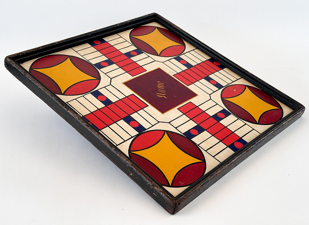 original 6 color paint decorated antique wooden patriotic parcheesi gameboard 
