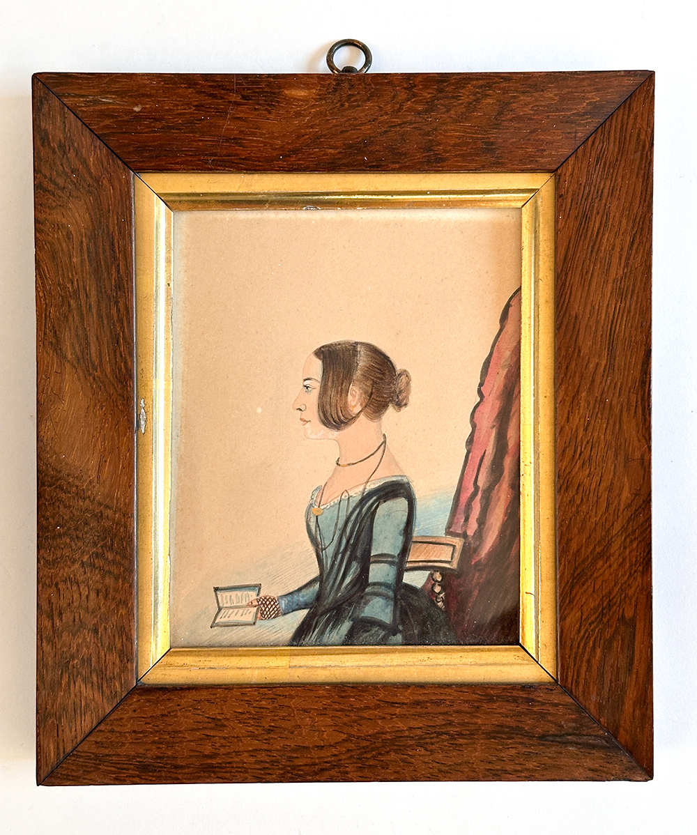 walnut and gold framed 19th century pair watercolor portraits of sisters in blue dresses