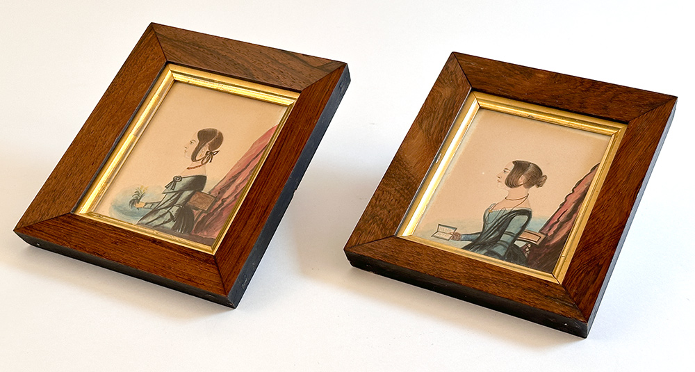 walnut and gold framed 19th century pair watercolor portraits of sisters in blue dresses