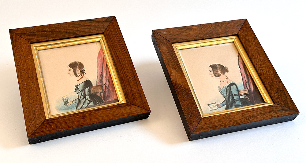 walnut and gold framed 19th century pair watercolor portraits of sisters in blue dresses