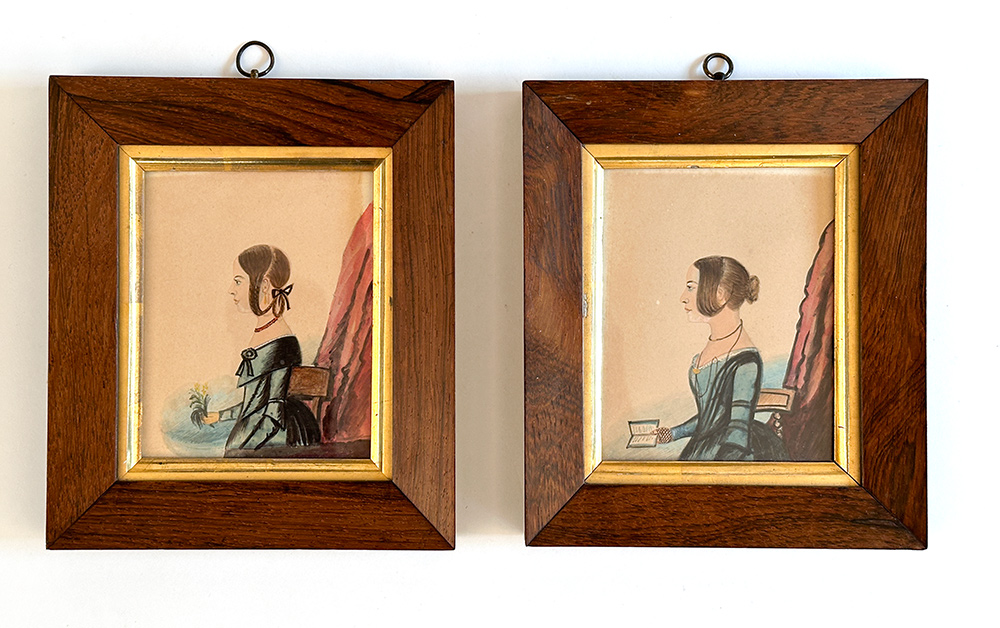 walnut and gold framed 19th century pair watercolor portraits of sisters in blue dresses