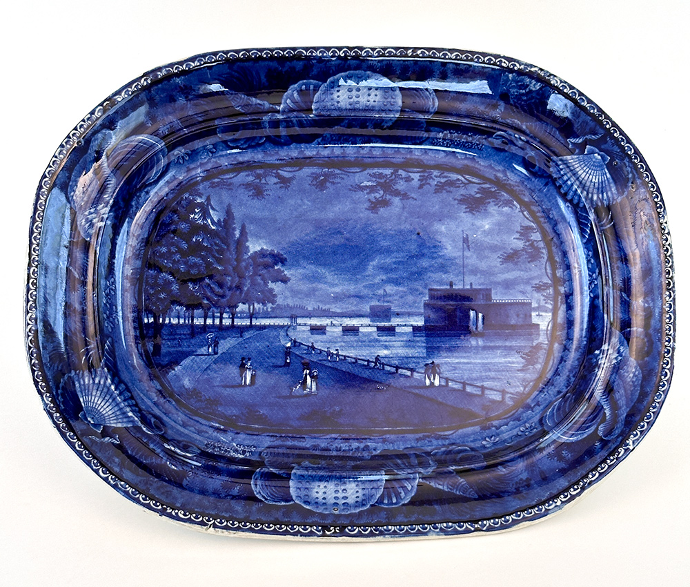 dark blue historical staffordshire american view platter castle garden battery new york