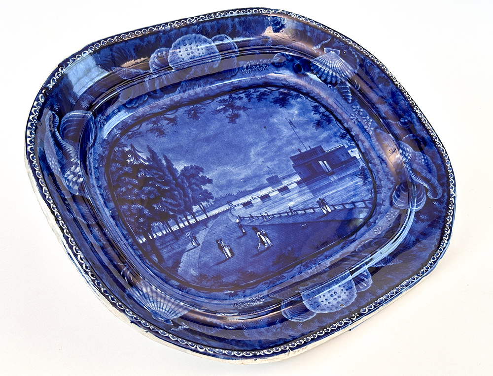 dark blue historical staffordshire american view platter castle garden battery new york