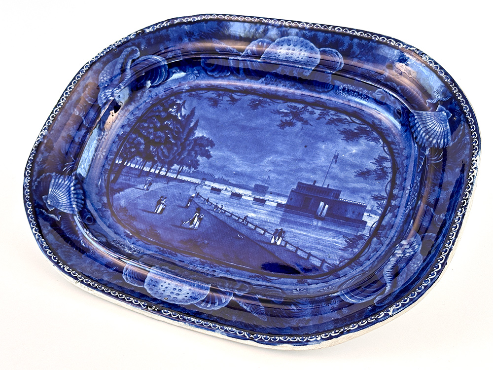 dark blue historical staffordshire american view platter castle garden battery new york