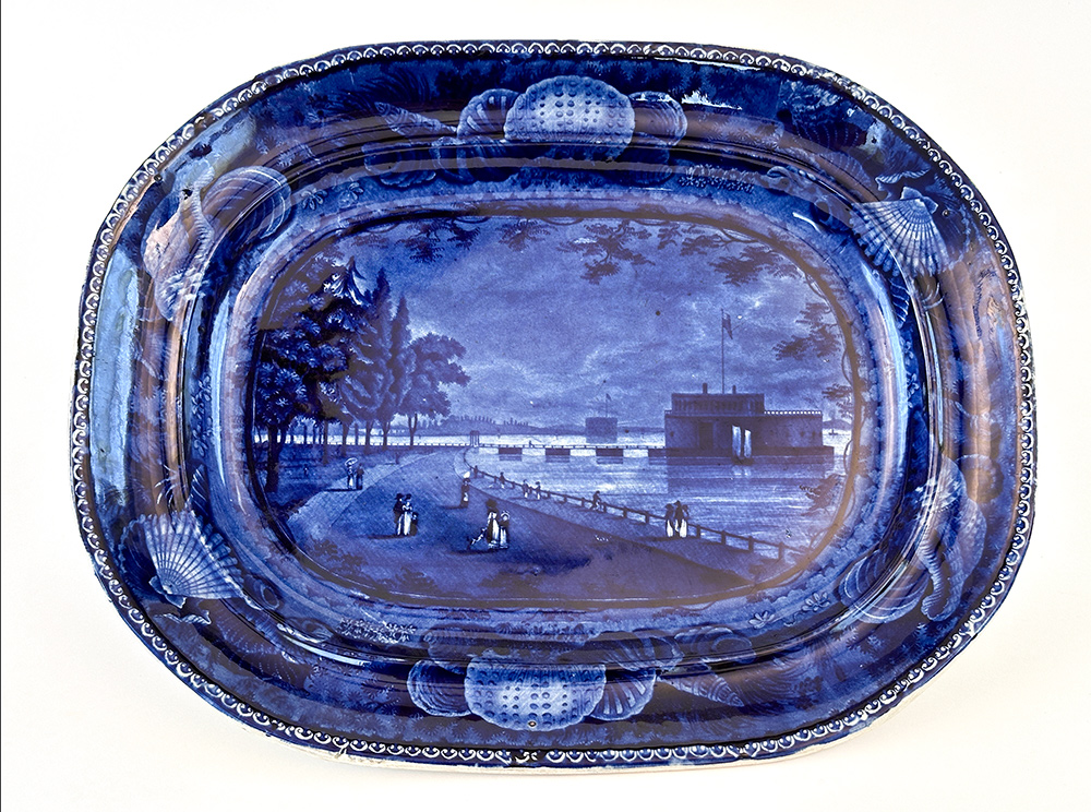 dark blue historical staffordshire american view platter castle garden battery new york