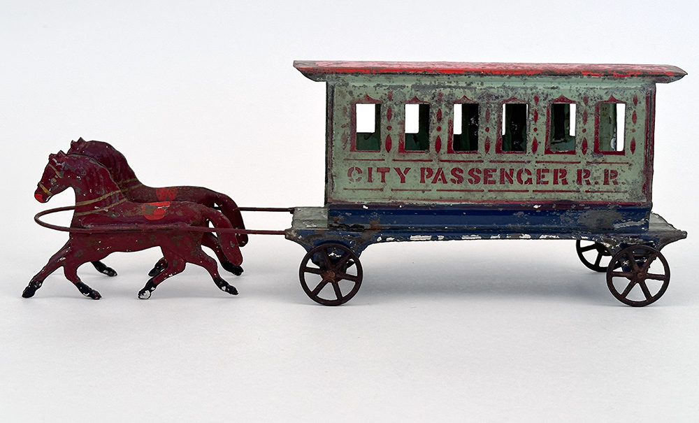 Early American Tin Toy Fallows Horse Drawn City Passenger Railroad Car