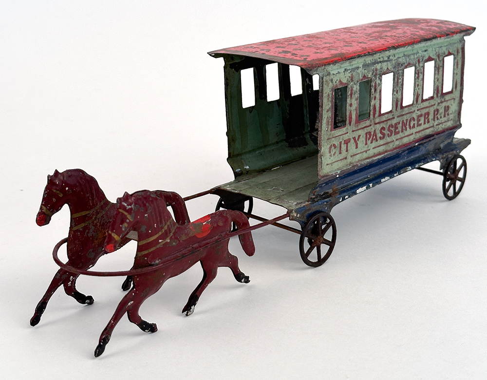 Early American Tin Toy Fallows Horse Drawn City Passenger Railroad Car