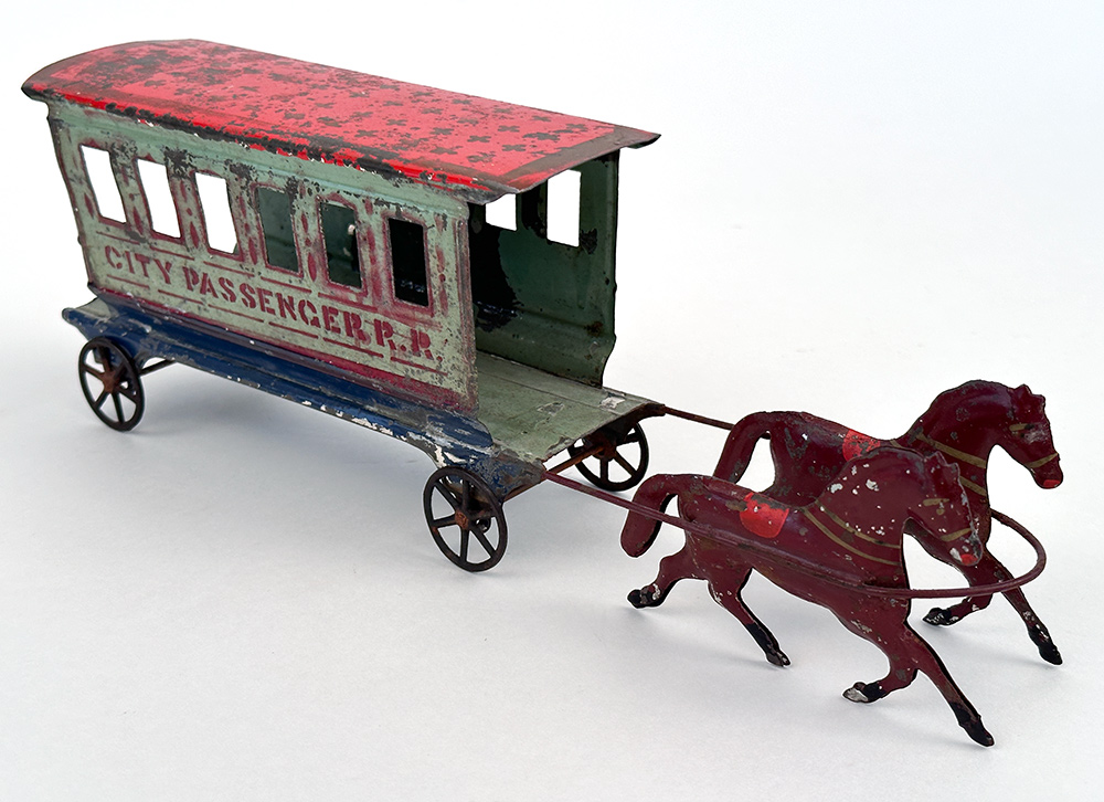 Early American Tin Toy Fallows Horse Drawn City Passenger Railroad Car