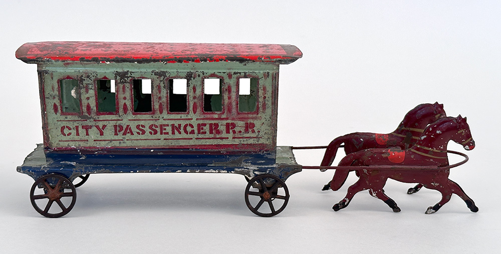 Early American Tin Toy Fallows Horse Drawn City Passenger Railroad Car