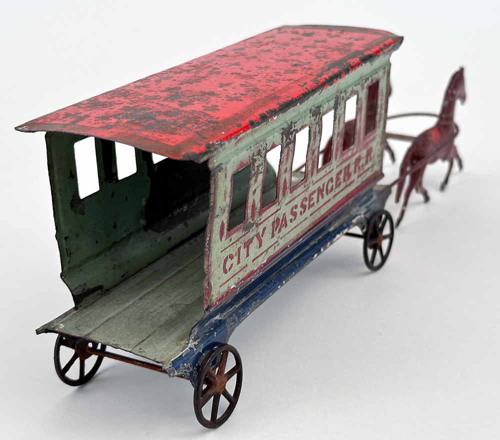 Early American Tin Toy Fallows Horse Drawn City Passenger Railroad Car