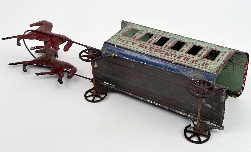 Early American Tin Toy Fallows Horse Drawn City Passenger Railroad Car