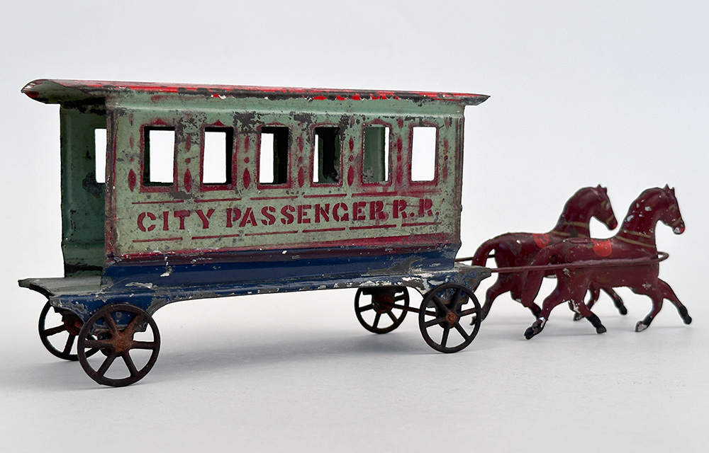 Early American Tin Toy Fallows Horse Drawn City Passenger Railroad Car