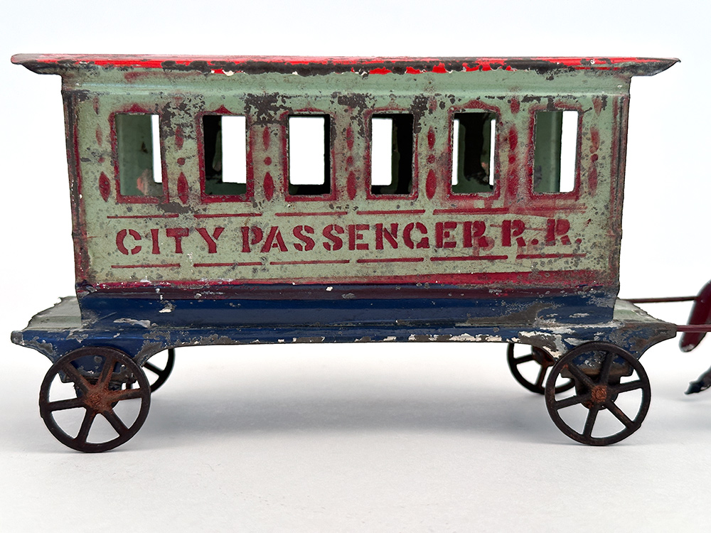 Early American Tin Toy Fallows Horse Drawn City Passenger Railroad Car